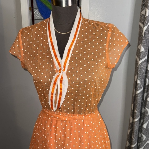 Vintage 1960”s Coco California Sheer Orange Polka Dot Dress - Picture 3 of 7
